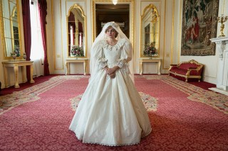 The Crown S4. Picture shows: Princess Diana (EMMA CORRIN)
The Crown costume designer wanted to create something that wasn’t an exact replica of Lady Diana’s original dress but which captured the same spirit and style of David & Elizabeth Emanuel’s iconic design.  Amy Roberts, our designer, spoke to David Emanuel in depth about the Emanuel’s original sketches and designs. He was fantastically collaborative and helpful to the design team and talked through the detail of many of the original drawings.
