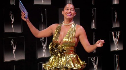 Tracee Ellis Ross presents the Emmy for Outstanding Writing for a Comedy Series during the 72nd Emmy Awards telecast on Sunday, Sept. 20, 2020 at 8:00 PM EDT/5:00 PM PDT on ABC. (Invision for the Television Academy/AP)