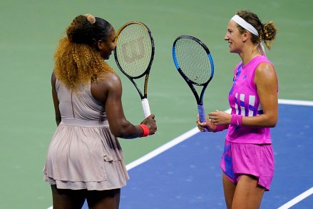 Victoria Azarenka, of Belarus, right, greets Serena Williams, of the United States, after winning their semifinal match of the US Open tennis championships, Thursday, Sept. 10, 2020, in New York. (AP Photo/Seth Wenig)