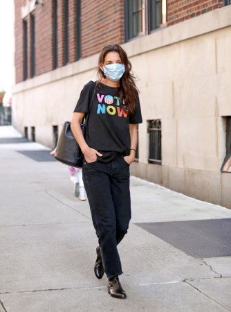 Katie Holmes rocks an Old Navy VOTE tee shirt following the brand's commitment to pay their their employees to Power the Polls, an initiative to ignite voting. - Pictured: Katie Holmes - Photo: SJZ/Shutterstock