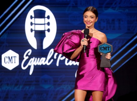 UNSPECIFIED - OCTOBER 21: In this image released on October 21, Sarah Hyland speaks onstage for the 2020 CMT Awards broadcast on Wednesday October 21, 2020. (Photo by Rich Fury/CMT2020/Getty Images for CMT)