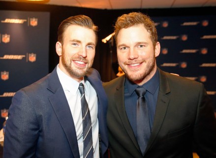 EXCLUSIVE - Chris Evans, left, and Chris Pratt backstage at the 4th annual NFL Honors at the Phoenix Convention Center Symphony Hall on Saturday, Jan. 1, 2015. (Photo by Colin Young-Wolff/Invision for NFL/AP Images)