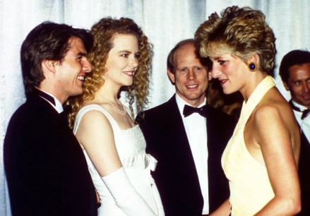 FILE - In this  July 30, 1992 file photo, Britain's Princess Diana, the Princess of Wales, right, meets actor Tom Cruise and his co-star wife actress Nicole Kidman at the Charity Premiere of the film Far and Away in London's West End. It has been 20 years since the death of Princess Diana in a car crash in Paris and the outpouring of grief that followed the death of the “people’s princess.” (AP Photo/Martin Cleaver, File)