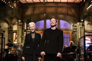 SATURDAY NIGHT LIVE -- "Elon Musk" Episode 1803 -- Pictured: Host Elon Musk with his mother Maye during the monologue on Saturday, May 8, 2021 -- (Photo by: Will Heath/NBC)