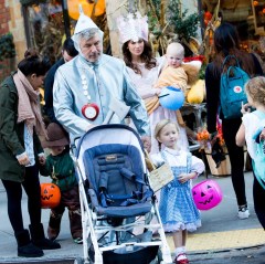 Pregnant Hilaria Baldwin and family dress up for Halloween. Alec Baldwin was dressed as the Tin Man. ***SPECIAL INSTRUCTIONS*** Please pixelate children's faces before publication.***. 31 Oct 2017 Pictured: Alec Baldwin, Hilaria Baldwin and Family. Photo credit: RCF / MEGA TheMegaAgency.com +1 888 505 6342 (Mega Agency TagID: MEGA111707_003.jpg) [Photo via Mega Agency]