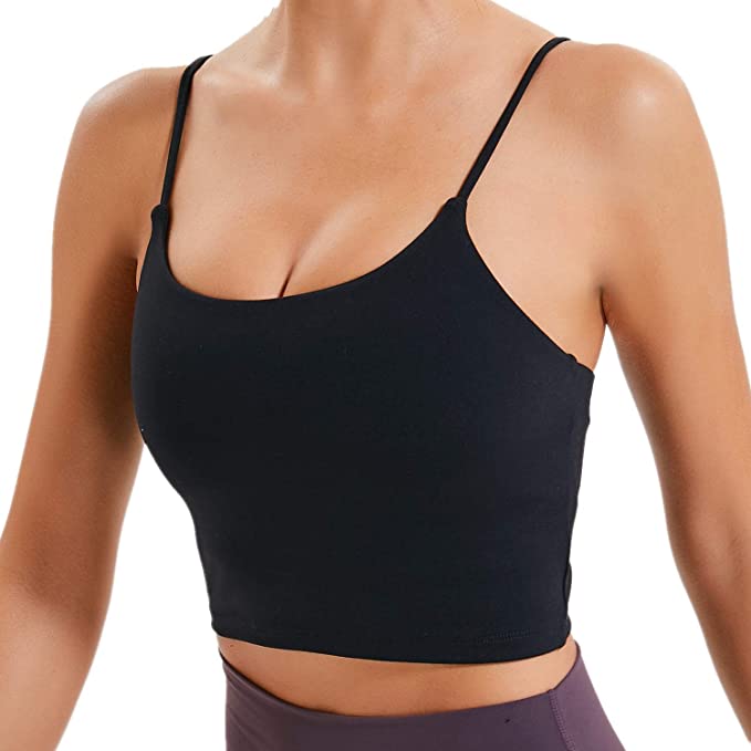 Stretchy Black Crop Top Built in Bra Spaghetti Strap Tank Top One