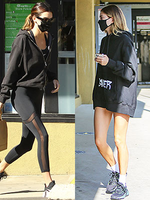 Hailey Baldwin Wears Black Trainers and Black Face Mask on Juice