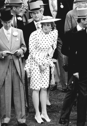 The Duke of Edinburgh. Prince Philip as Ascot races with princess Diana. (Wearing Polka dot dress). June 1986. (Express Newspapers Via AP Images)
