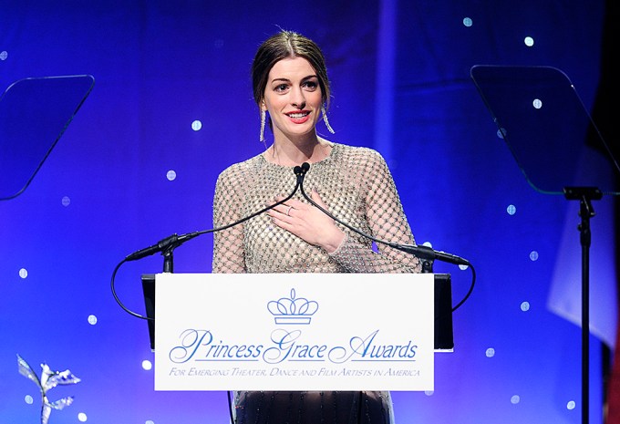 Anne Hathaway speaks at the Princess Grace Foundation Awards gala