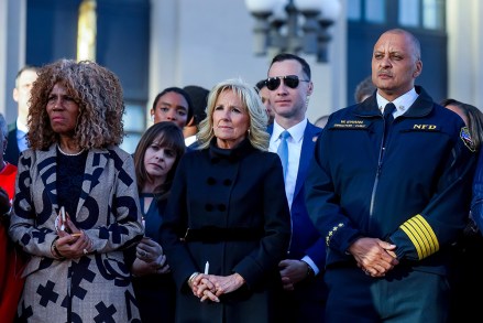 US First Lady Jill Biden (C) and 
Nashville Emergency Management Director Chief William Swann (R) attend a memorial vigil for the victims of the Covenant Presbyterian Church school shooting in Nashville, Tennessee, USA, 29 March 2023. Metro Nashville Police reported that three adults and three children were killed 27 March 2023 by a shooter who was confronted and killed by police.
Covenant Presbytarian Church school shooting in Nashville, USA - 29 Mar 2023