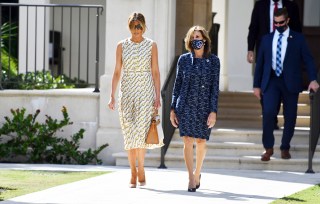First lady Melania Trump walks with Wendy Sartory Link, Palm Beach County Supervisor of Elections, after voting at the Morton and Barbara Mandel Recreation Center, Tuesday, Nov. 3, 2020, in Palm Beach, Fla. (AP Photo/Jim Rassol)