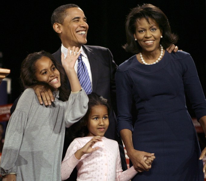 Barack Obama and family celebrate his 2008 win in the Iowa Caucus