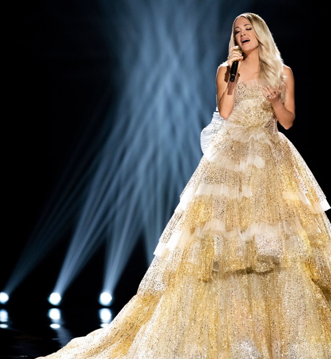 Carrie Underwood In A Layered Gold Gown