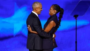 CHICAGO, ILLINOIS - AUGUST 20: Former U.S. President Barack Obama (L) greets former first lady Michelle Obama as he arrives to speak on stage during the second day of the Democratic National Convention at the United Center on August 20, 2024 in Chicago, Illinois. Delegates, politicians, and Democratic Party supporters are gathering in Chicago, as current Vice President Kamala Harris is named her party's presidential nominee. The DNC takes place from August 19-22. (Photo by Chip Somodevilla/Getty Images)