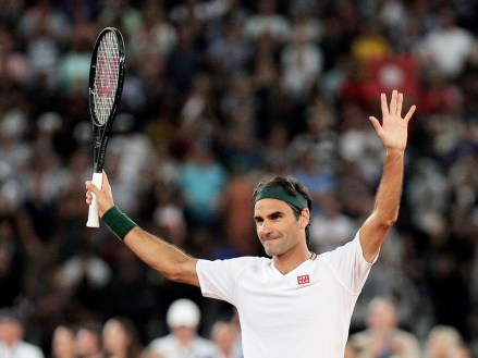 Roger Federer thanks the crowd after winning 3 sets to 2 against Rafael Nadal in their exhibition tennis match held at the Cape Town Stadium in Cape Town, South Africa, Friday Feb. 7, 2020. (AP Photo/Halden Krog)