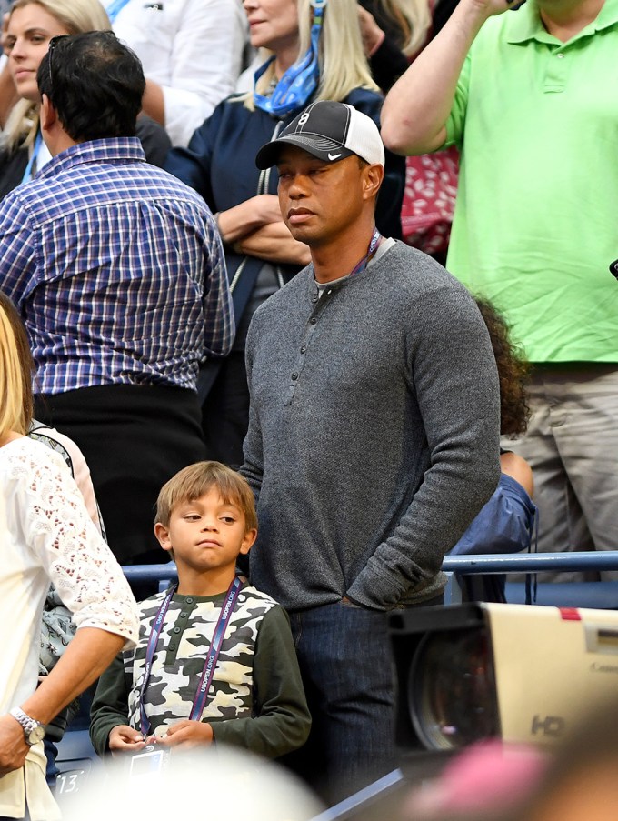 Tiger Woods And Son Charlie Watch Rafael Nadal At The 2017 U.S. Open