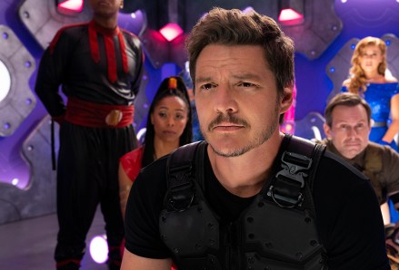 We Can Be Heroes: (L-R) J. Quinton Johnson as Crimson Legend, Brittany Perry-Russell as Red Lightening Fury, Pedro Pascal as Marcus Moreno, Christian Slater as Tech-No, Haley Reinhart as Ms. Vox. Cr. Ryan Green/NETFLIX © 2020