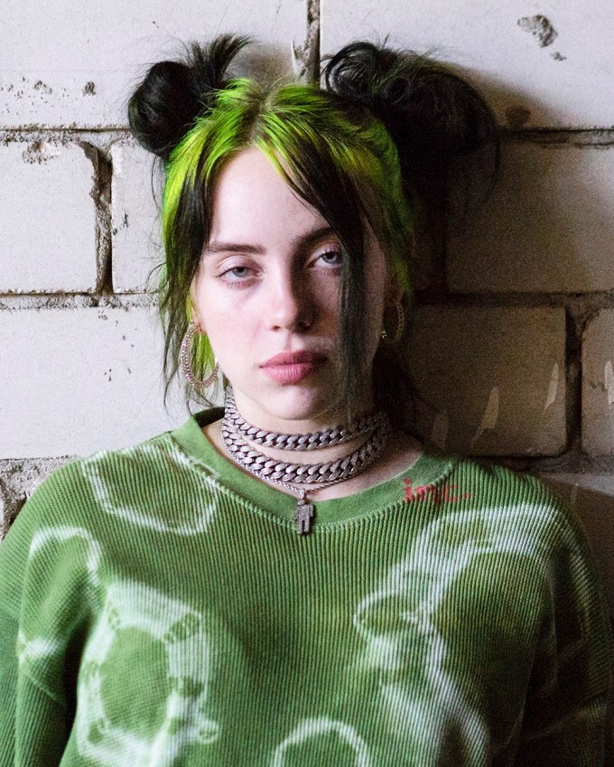Billie Eilish dons two top knots in her hair during a 2019 interview