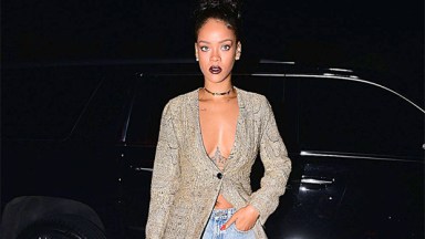 Rihanna in denim shorts