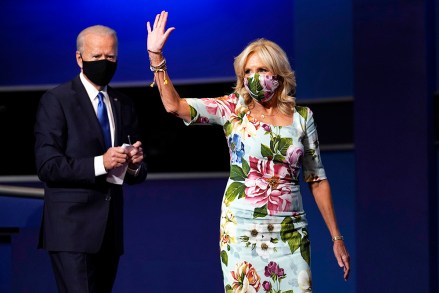 Jill Biden, wife of Democratic presidential candidate former Vice President Joe Biden, waves after the second and final presidential debate Thursday, Oct. 22, 2020, at Belmont University in Nashville, Tenn., with President Donald Trump. (AP Photo/Julio Cortez)