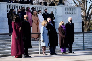 Former President Barack Obama and his wife Michelle, former President George W. Bush and his wife Laura and former President Bill Clinton and his wife former Secretary of State Hillary Clinton stand at the Tomb of the Unknown Soldier at Arlington National Cemetery during Inauguration Day ceremonies in Arlington, Va. (AP Photo/Evan Vucci)