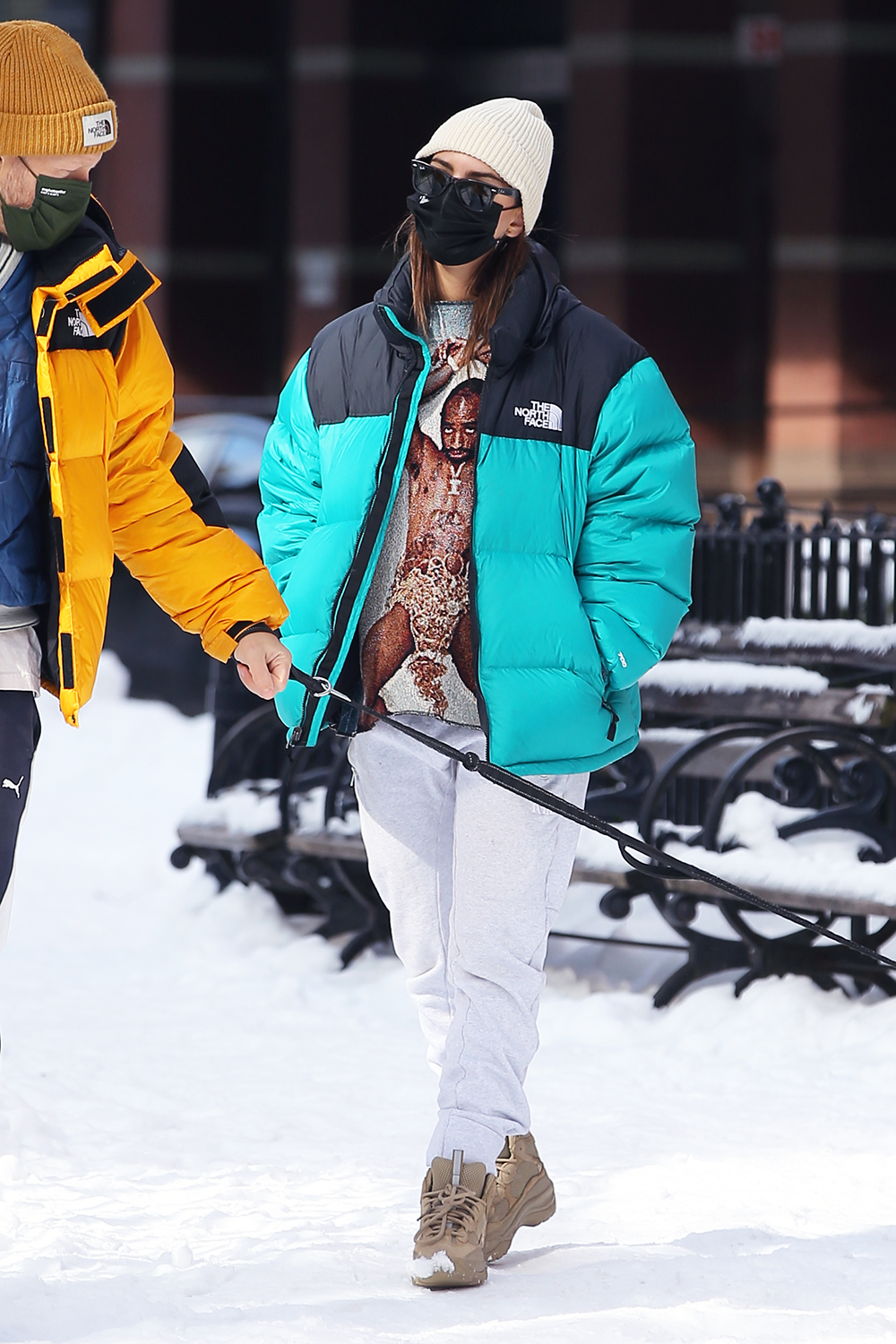 Pregnant Emily Ratajkowski And Sebastian Bear-McClard Wearing Matching The North Face Winter Parkas While Walking Their Dog Colombo In New York City