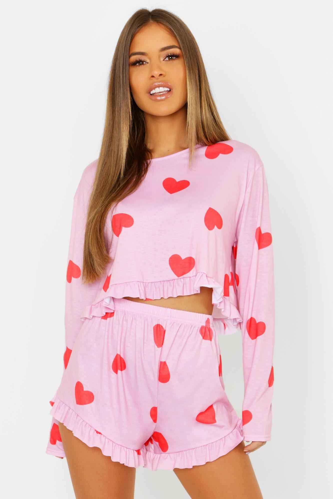 Graphic Love Heart Cropped Top and Shorts Pajama Set