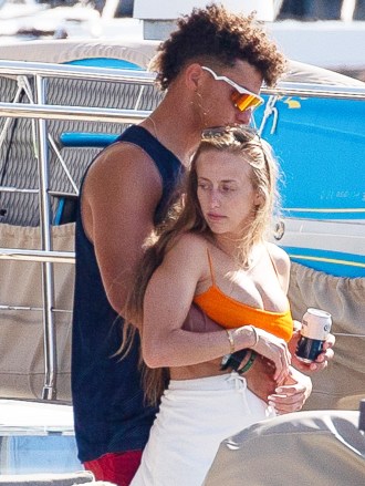 *EXCLUSIVE* Cabo San Lucas, Mexico - Patrick Mahomes has been spotted shirtless on a yacht with friends in Cabo San Lucas.  The Kansas City Chiefs quarterback is enjoying a getaway with friends and girlfriend Brittany Matthews in Cabo after welcoming their son, Sterling Skye Mahomes, in February!  Picture: Patrick Mahomes, Brittany Matthews BACKGRID USA June 29, 2021 BYLINE MUST READ: HEM / BACKGRID USA: +1 310 798 9111 / usasales@backgrid.com UK: +44 208 344 2007 / uksales@backgrid.com *UK CUSTOMERS - PHOTO Children who have children, please pixelate before publishing*