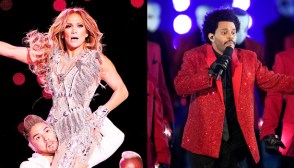 Jennifer Lopez & The Weeknd during their Super Bowl performances