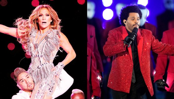 Jennifer Lopez & The Weeknd during their Super Bowl performances
