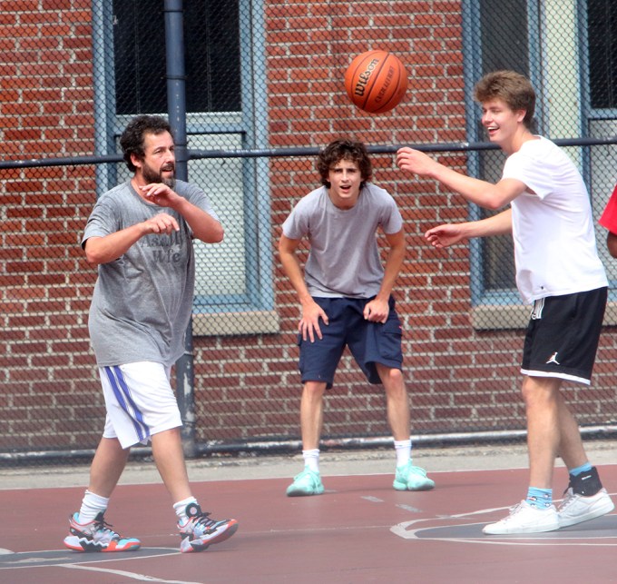 Adam Sandler plays basketball with Timothee Chalamet