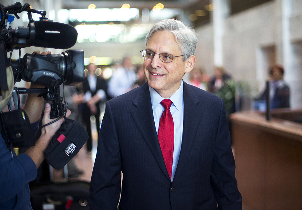 Judge Merrick Garland, President Barack Obama's choice to replace the late Justice Antonin Scalia on the Supreme Court arrives for a meeting with Sen. Angus King, I-Maine, on Capitol Hill in Washington, Wednesday, April 13, 2016. (AP Photo/Pablo Martinez Monsivais)