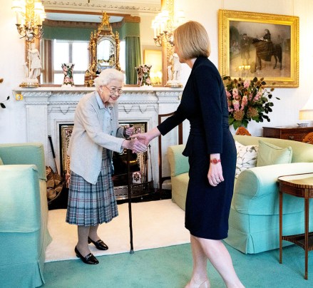 Britain's Queen Elizabeth II, left, welcomes Liz Truss during an audience at Balmoral, Scotland, where she invited the newly elected leader of the Conservative party to become Prime Minister and form a new government
Politics, Balmoral, United Kingdom - 06 Sep 2022