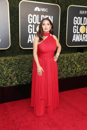 78th ANNUAL GOLDEN GLOBE AWARDS -- Pictured: Salma Hayek arrives to the 78th Annual Golden Globe Awards held at the Beverly Hilton Hotel on February 28, 2021. -- (Photo by: Todd Williamson/NBC)