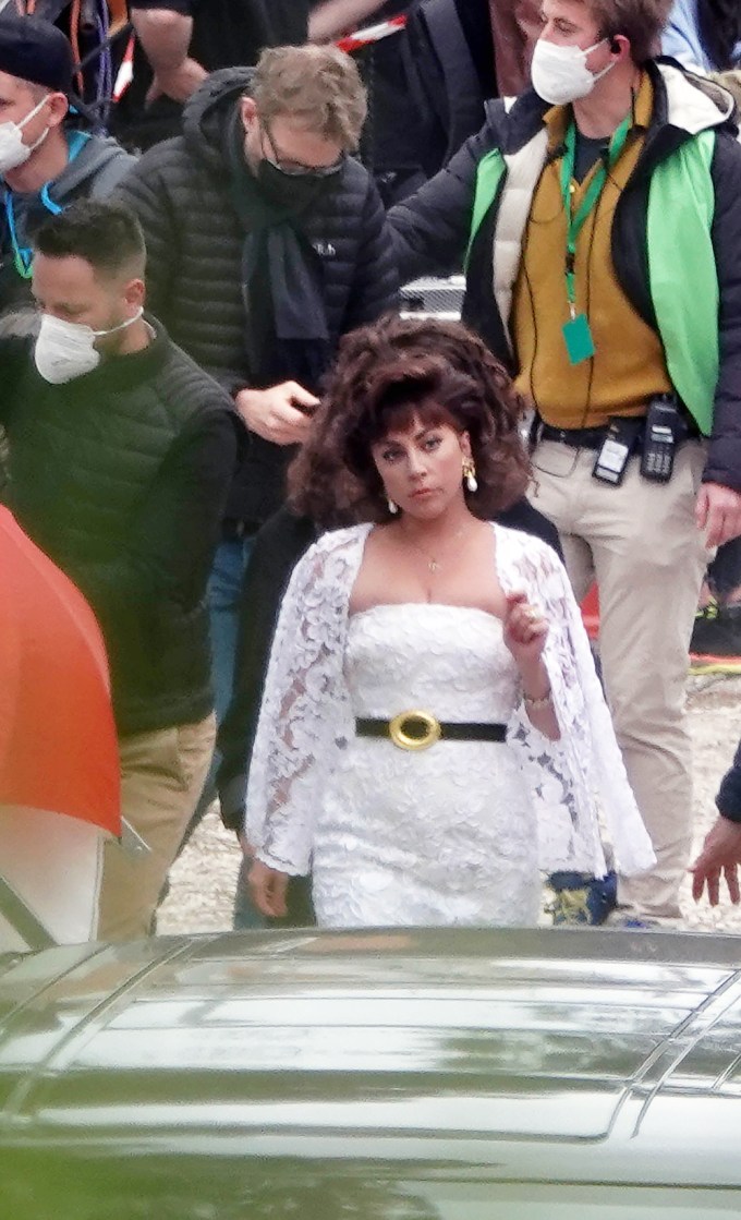 Lady Gaga In A White Lace Dress On The Set Of ‘House Of Gucci’