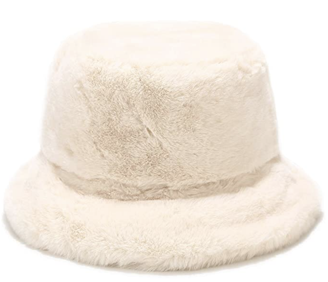 furry white bucket hat