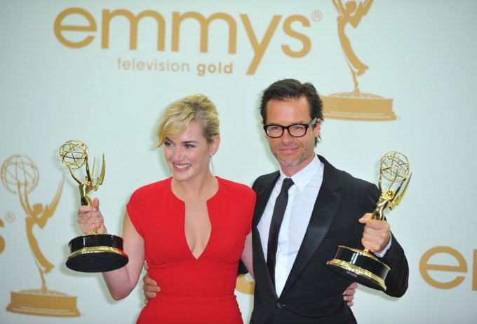 Kate Winslet and Guy Pearce with their Emmy Awards