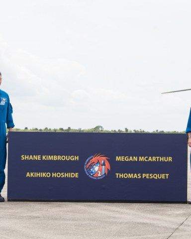 From left to right, Japan Aerospace Exploration Agency (JAXA) astronaut Akihiko Hoshide, NASA astronauts Shane Kimbrough and Megan McArthur, and ESA (European Space Agency) astronaut Thomas Pesquet pose for a photo after arriving at the Launch and Landing Facility at NASA's Kennedy Space Center ahead of SpaceX's Crew-2 mission, on Friday, April 16, 2021, in Florida. NASA's SpaceX Crew-2 mission is the second operational mission of the SpaceX Crew Dragon spacecraft and Falcon 9 rocket to the International Space Station as part of the agency's Commercial Crew Program. Kimbrough, McArthur, Pesquet, and Hoshide are scheduled to launch at 6:11 a.m. ET on Thursday, April 22, from Launch Complex 39A at the Kennedy Space Center.
NASA and SpaceX Prepare for the Launch of Crew-2 Mission, Cape Canaveral, Florida, USA - 17 Apr 2021