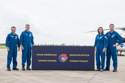 From left to right, Japan Aerospace Exploration Agency (JAXA) astronaut Akihiko Hoshide, NASA astronauts Shane Kimbrough and Megan McArthur, and ESA (European Space Agency) astronaut Thomas Pesquet pose for a photo after arriving at the Launch and Landing Facility at NASA's Kennedy Space Center ahead of SpaceX's Crew-2 mission, on Friday, April 16, 2021, in Florida. NASA's SpaceX Crew-2 mission is the second operational mission of the SpaceX Crew Dragon spacecraft and Falcon 9 rocket to the International Space Station as part of the agency's Commercial Crew Program. Kimbrough, McArthur, Pesquet, and Hoshide are scheduled to launch at 6:11 a.m. ET on Thursday, April 22, from Launch Complex 39A at the Kennedy Space Center.
NASA and SpaceX Prepare for the Launch of Crew-2 Mission, Cape Canaveral, Florida, USA - 17 Apr 2021