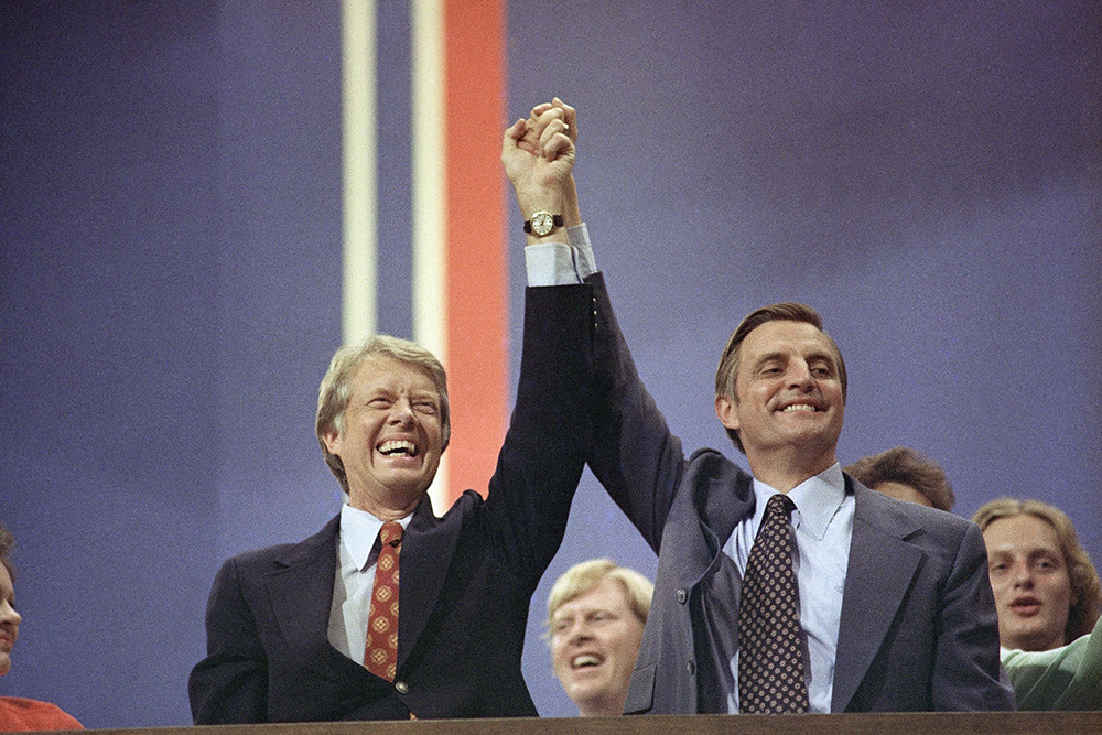 Jimmy Carter, Walter Mondale Jimmy Carter with Sen. Walter Mondale of Minn., his vice presidential choice, on the final night of the national democratic convention in Madison Square Garden in New York
Jimmy Carter Walter Mondale, New York, USA