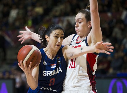 Editorial Use OnlyMandatory Credit: Photo by Nikola Krstic/Shutterstock (10548684n)Jelena Brooks of Serbia competes against Breanna Stewart of USAUSA v Serbia, FIBA Women's Olympic Qualifying Tournament, Basketball, Stark Arena, Belgrade - 06 Feb 2020