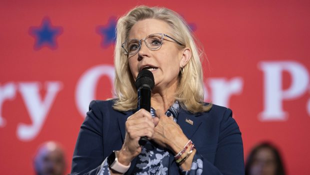 ROYAL OAK, MICHIGAN - OCTOBER 21: Former U.S. Rep. Liz Cheney (R-WY) speaks at a town hall with Democratic presidential nominee, Vice President Kamala Harris, at the Royal Oak Music Theatre on October 21, 2024 in Royal Oak, Michigan. Cheney joined Vice President Harris for stops Monday in Pennsylvania, Michigan and Wisconsin. (Photo by Sarah Rice/Getty Images)