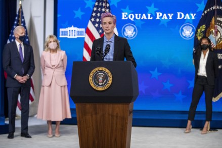 US President Joe Biden and First Lady Dr. Jill Biden listen to remarks by Megan Rapinoe, of the U.S. Soccer Women's National Team, during an event to mark Equal Pay Day in the State Dining Room of the White House in Washington, DC on March 24, 2021. Equal Pay Day marks the extra time it takes an average woman in the United States to earn the same pay that their male counterparts made the previous calendar year.
US President Joe Biden participates in an event to mark Equal Pay Day, Washington DC, USA - 24 Mar 2021