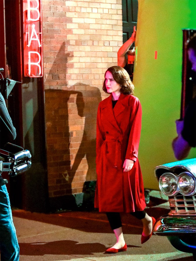 Rachel Brosnahan In A Red Coat