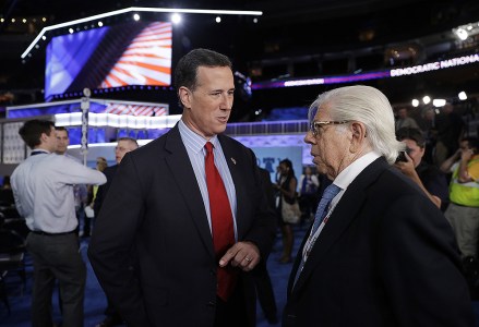 Rick Santorum, right, Carl Bernstein
Democratic National Convention, Philadelphia, USA - 25 Jul 2016
Former Senator Rick Santorum, left, talks to Carl Bernstein before the start of the first day of the Democratic National Convention in Philadelphia