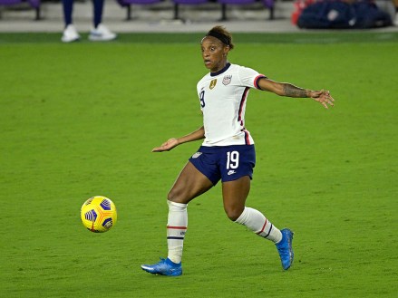 United States defender Crystal Dunn (19) controls a ball during the second half of a SheBelieves Cup women's soccer match against Canada, in Orlando, Fla
US Canada Soccer, Orlando, United States - 18 Feb 2021