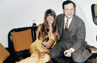 Playboy boss Hugh Hefner, right, poses with girlfriend Barbi Benton on a circular bed aboard his private jet a The Big Bunny, May, 1970
Hugh Hefner and Barbi Benton 1970