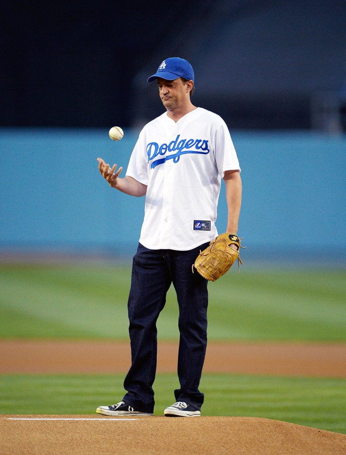 Matthew Perry Throws the 1st Pitch at a Dodgers Game