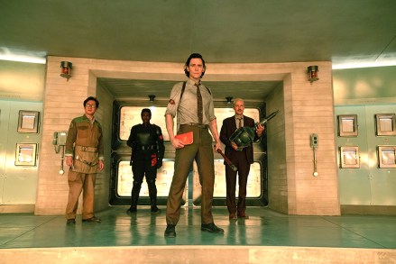 (L-R): Ke Huy Quan as O.B., Wunmi Mosaku as Hunter B-15, Tom Hiddleston as Loki, and Owen Wilson as Mobius in Marvel Studios' LOKI, Season 2, exclusively on Disney+. Photo by Gareth Gatrell. © 2023 MARVEL.