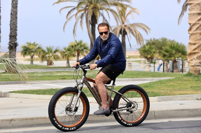 Arnold Schwarzenegger on a bike ride in Santa Monica Beach